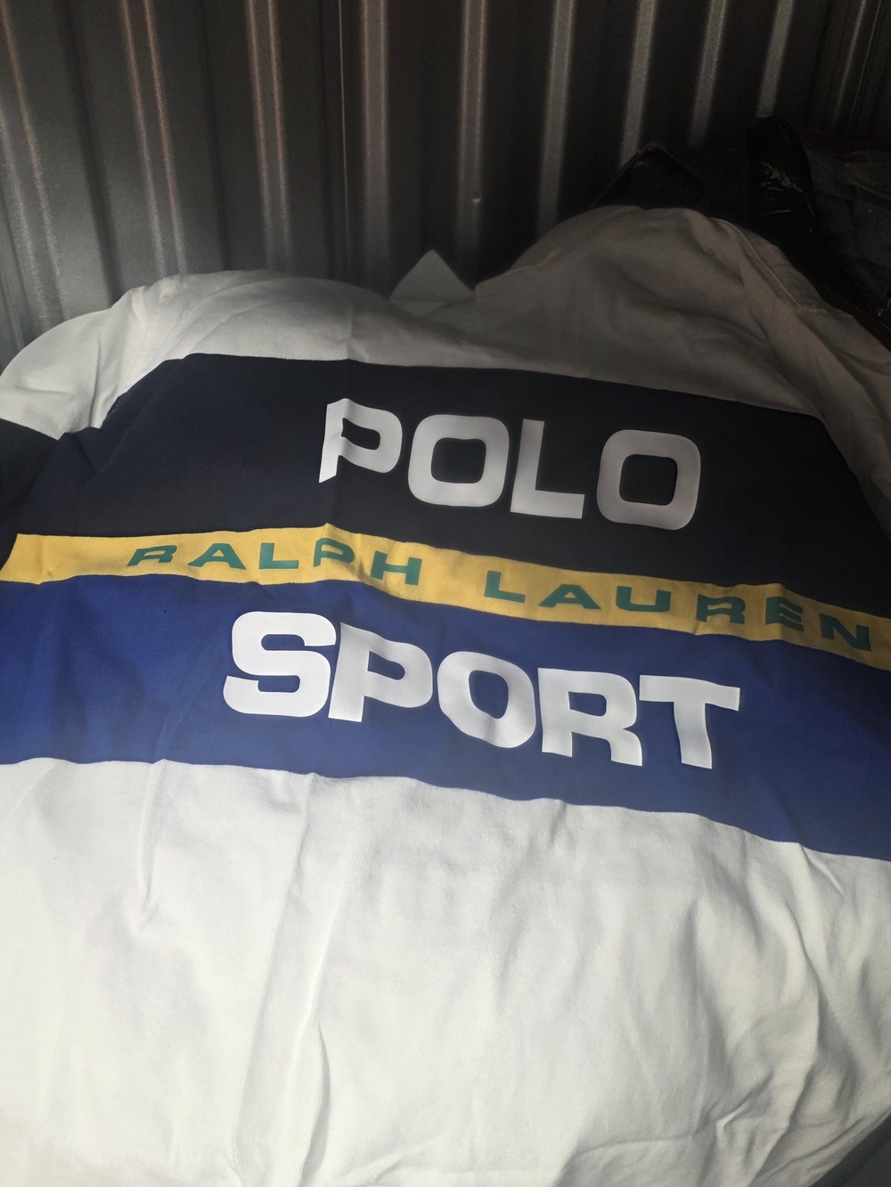 Ralph Lauren Polo Sport White Navy Blue Tee with Yellow Stripe